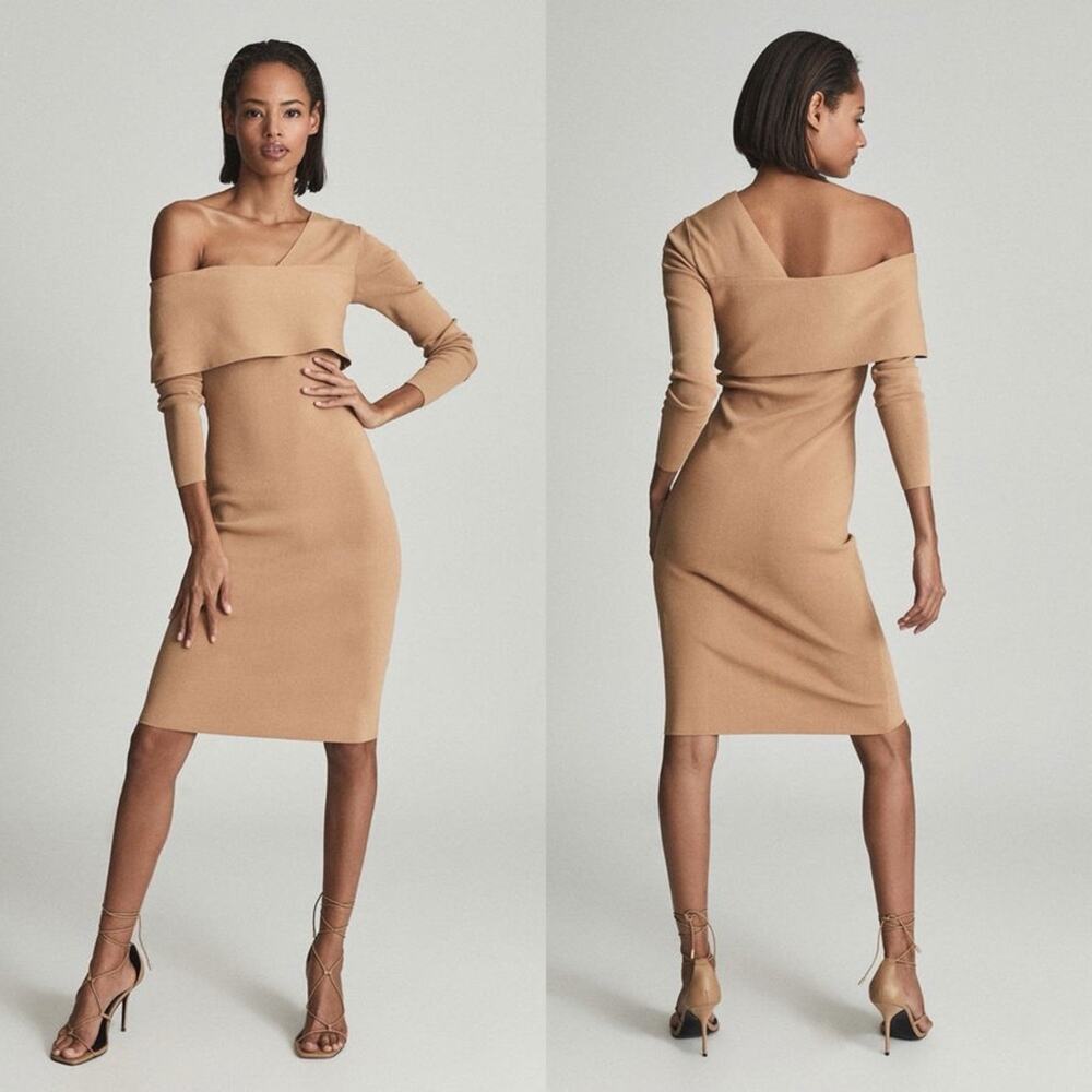 Reiss Ella‎ Asymmetric Bodycon Dress Camel XL NWT